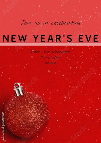 Join us in celebrating new year's eve party text over red bauble and confetti