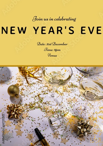 Join us in celebrating new year's eve party text with champagne glass and confetti