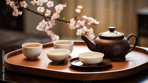 Tea ceremony, traditional teapot and ceramic cups on wooden tray on light background with sakura blossoms. Generative AI