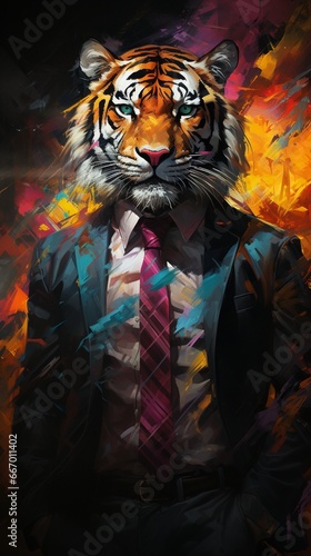 An executive with the head of a fierce tiger, standing against a dark and dynamic multicolor backdrop, creating a striking and surreal image that combines business and wild strength