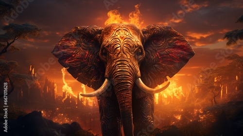 As the sun bids adieu to the day, one last ray of molten gold illuminates an elephant. Its colossal form is rendered almost ethereal against a backdrop that melts from tangerine to deep crimson. © Artist