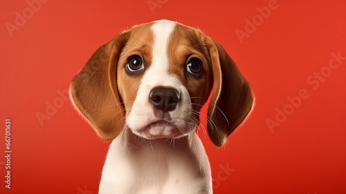 A Beagle puppy attentively looking up, ears perked  set against a crimson background that accentuates its brown and white fur. © Arisha