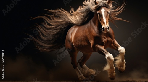 A Belgian Draft Horse, solid and imposing, its mane fluttering in an imagined breeze; a chocolate brown backdrop sets the mood.