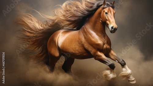 A Belgian Draft Horse, solid and imposing, its mane fluttering in an imagined breeze; a chocolate brown backdrop sets the mood.
