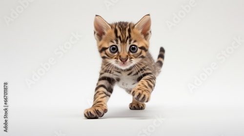 A Bengal kitten mid-pounce, forelegs outstretched; presented against a stark snow-white background.