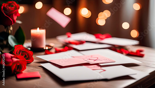 Love letters and valentines on the desk  romantic atmosphere. Valentine s Day greeting card