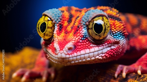 A close-up manifests the Tokay gecko's elaborate skin pattern and penetrating gaze. 