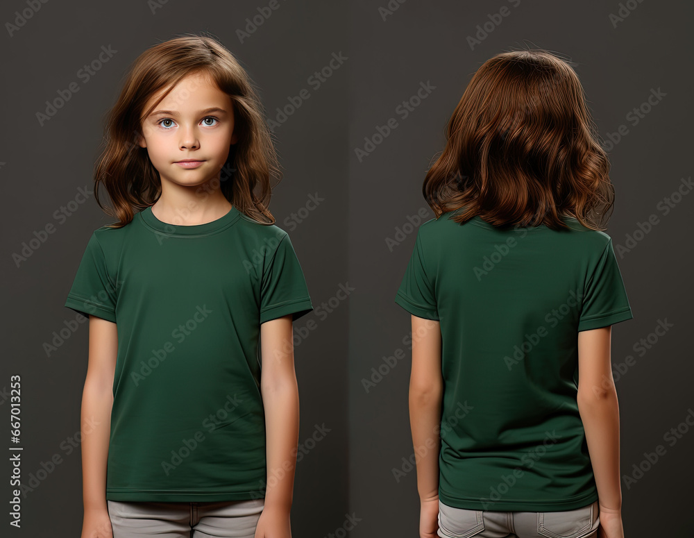 Front and back views of a little girl wearing a green T-shirt Front and back views of a little girl wearing a green T-shirt