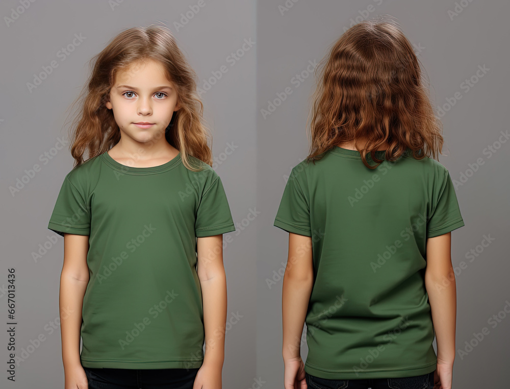 Front and back views of a little girl wearing a green T-shirt Front and back views of a little girl wearing a green T-shirt