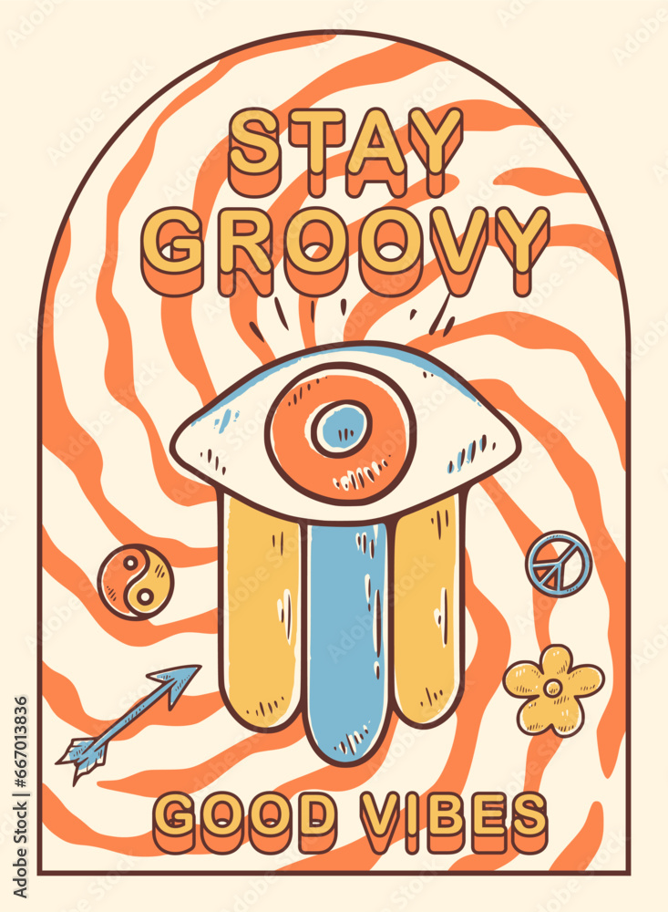Groovy hippie 70s sticker. Funny cartoon rainbow eye on retro background. Sticker in trendy retro psychedelic cartoon style 60s. Stay trippy. Good vibes. Stay groovy