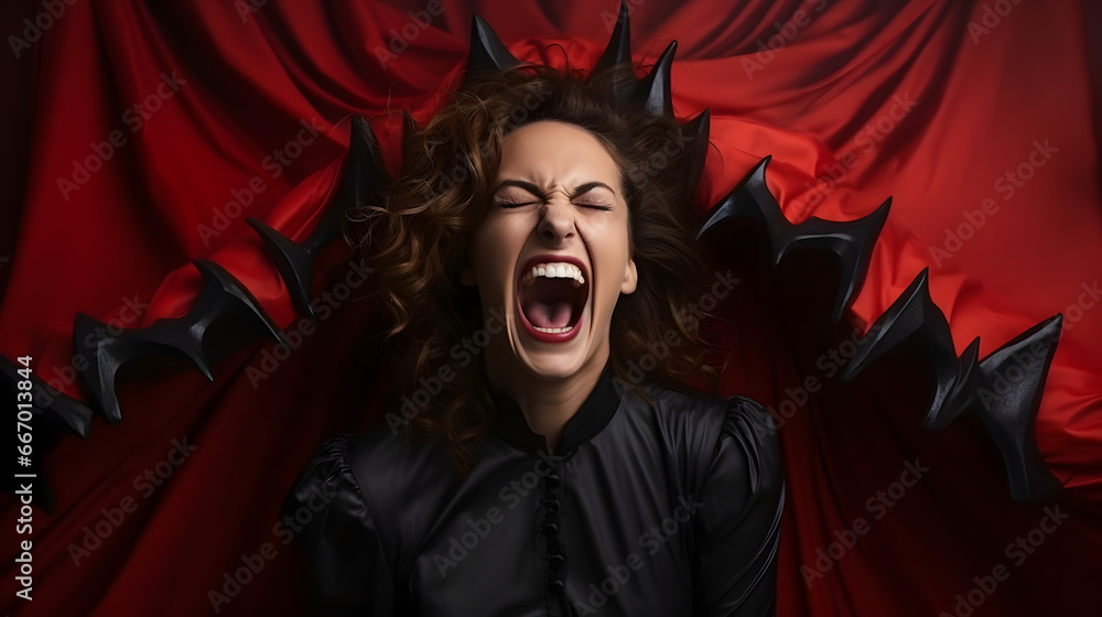 vampire on the red studio background, Vampire wide open mouth screams, Halloween outfit
