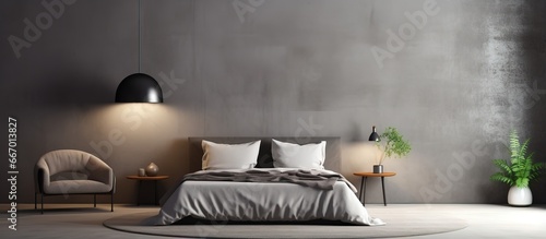 Concrete interior with sunlight casting shadows on walls and floor bedroom with bed and round carpet geometric structures with pendant lamps and chairs representation