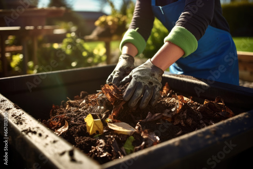 Composting food waste in compost bin garden. Close up of person's hands carefully turning compost in a sustainable composting bin. 