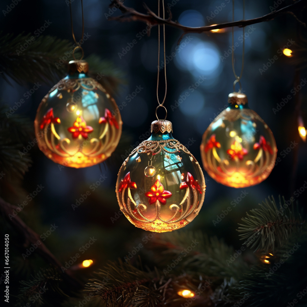 Christmas golden balls hanging, dark blurred background Christmas golden balls hanging, dark blurred background