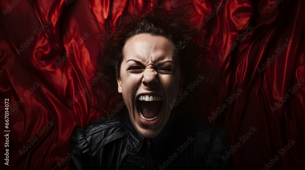 vampire on the red studio background, Vampire wide open mouth screams, Halloween outfit vampire on the red studio background, Vampire wide open mouth screams, Halloween outfit