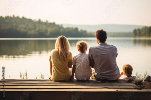 Side view of a smiling family of four sitting on the edge of a pier and admiring the lake