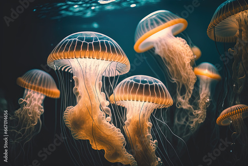 A group of jellyfish swimming in an aquarium. Generative AI © Tetiana