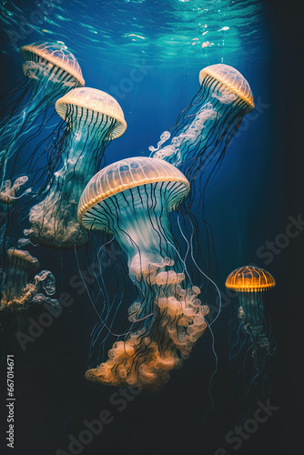 A group of jellyfish swimming in an aquarium. Generative AI