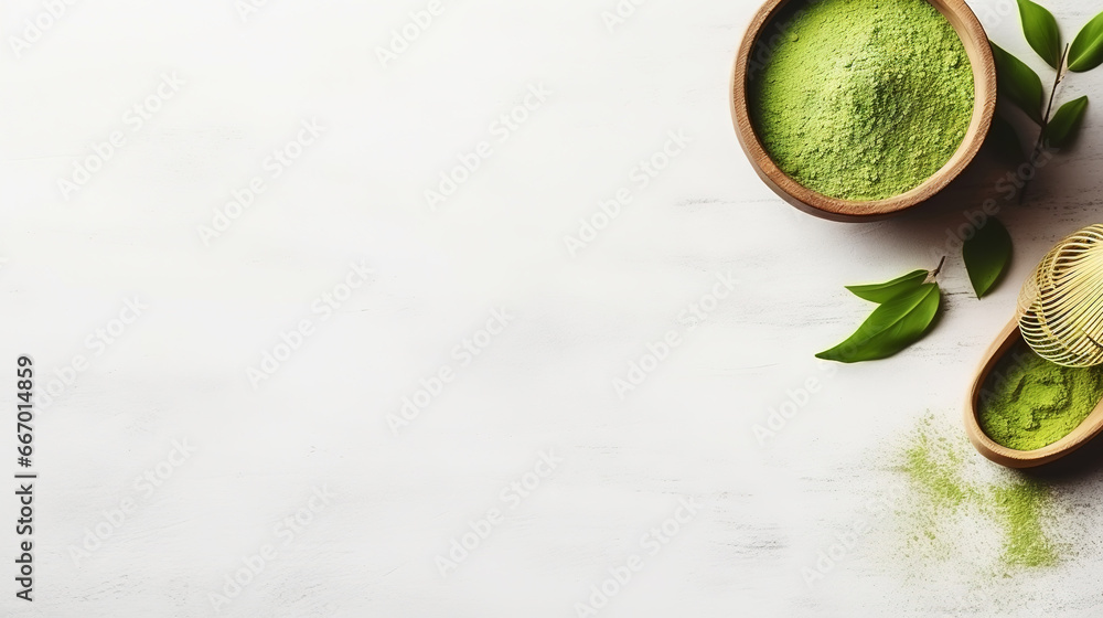 Matcha tea powder in a wooden plate on light wooden background with whisk, top view, copy space. Generative AI - obrazy, fototapety, plakaty 