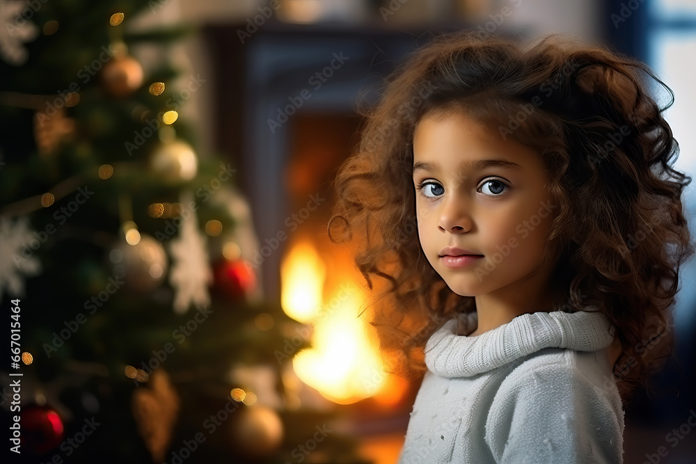 Cute child enjoying at home during christmas and the new year holidays beside Christmas tree Cute child enjoying at home during christmas and the new year holidays beside Christmas tree