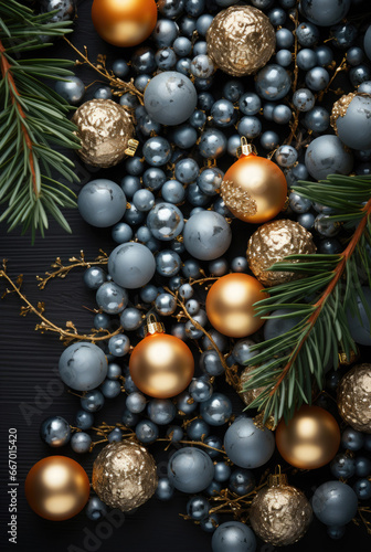 Golden, blue balls, Christmas tree branches on a black wooden background. Christmas card, background