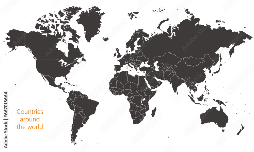 国境線のある世界地図、大西洋、モノクロ