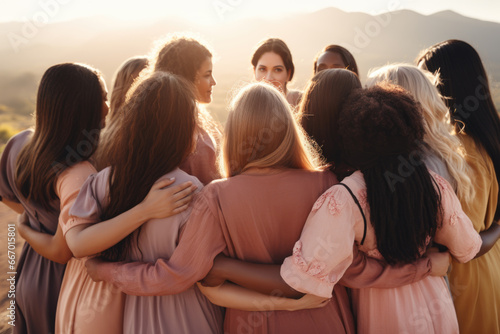 Group of mix race women hugging each other outdoors supporting each other symbolizing unity and sisterhood, back view