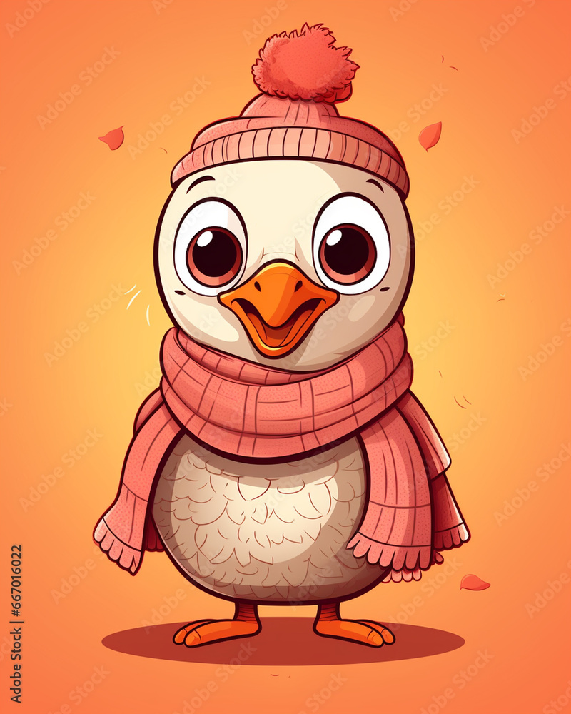 Obraz premium Adorable Turkey Gobbler Character Wearing a Scarf on Gradient Peachy Background with Fall Leaves - Fun Kids Cartoon Illustration Style for Thanksgiving in Autumnal Color Tones - Vertical