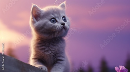 A Scottish Fold kitten looking curiously up towards the sky, tiny folded ears at attention; a soothing lilac backdrop.