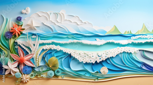 Paper quilling illustration of sand beach and sea