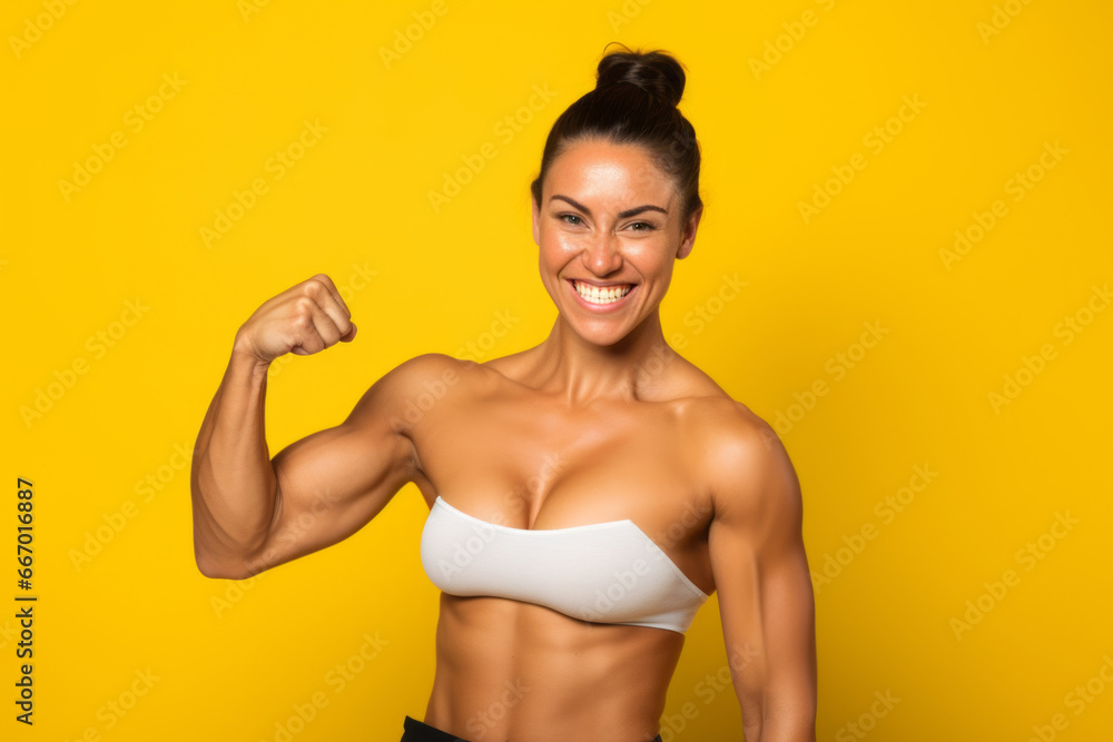 Excited female bodybuilder, fists up on yellow background. Generative AI Excited female bodybuilder, fists up on yellow background. Generative AI