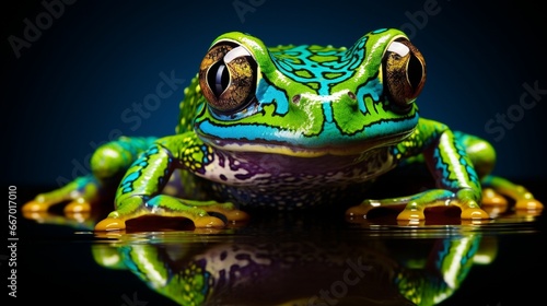 A vivid close-up of a gliding frog whose mouth curvature gives the illusion of laughter, set against a monochrome aqua backdrop that heightens its emerald hues. © Artist