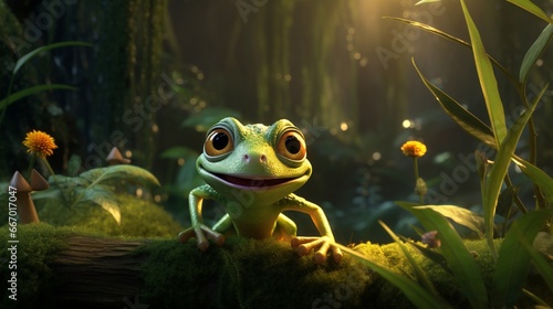 A flying frog seemingly caught mid-laugh, its eyes twinkling with mischief as it is perched amidst the verdant moss  the moist texture of its skin shimmering in the soft, ambient light. © Artist