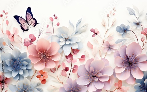 Fond d'écran abstrait, motif de fleurs aquarelles, nature, insectes, feuilles, plantes. IA générative, IA