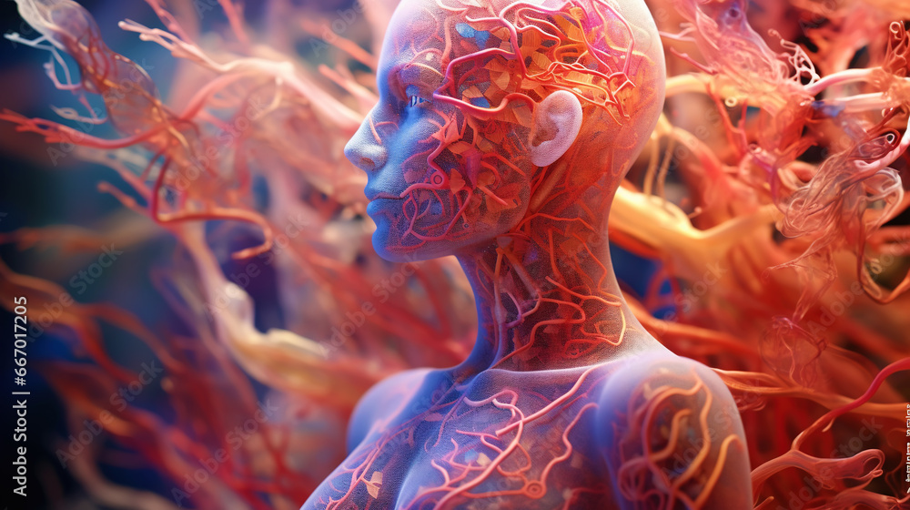 Silhouette of human body with structure of microbiotic flora ...