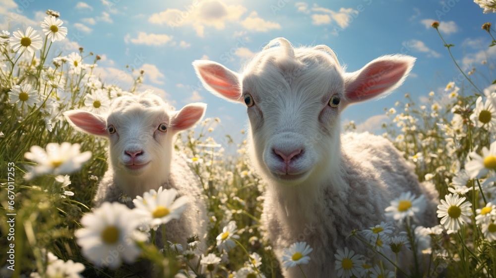 Obraz premium Baby goats exuding gaiety while gamboling among daisies; their fluffy fur complemented remarkably by the white petals and green stems that fill the bucolic landscape.