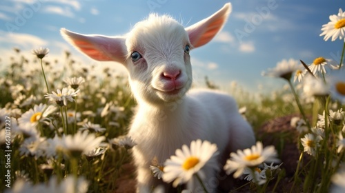 Baby goats exuding gaiety while gamboling among daisies  their fluffy fur complemented remarkably by the white petals and green stems that fill the bucolic landscape. © Artist