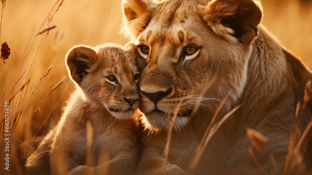 A lioness and her cub display a rare moment of vulnerability; the pair, surrounded by the vast expanse of grassy plains, epitomize the complex dimensions of predator affection.