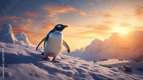 In the quietude of the frozen landscape  a Gentoo penguin waddles across a pristine snowfield  its uplifted foot almost suspended in time  marking a delicate balance between motion and stillness.