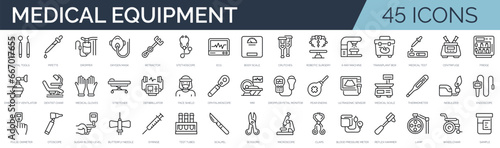 Set of 45 outline icons related to medical equipment. Linear icon collection. Editable stroke. Vector illustration