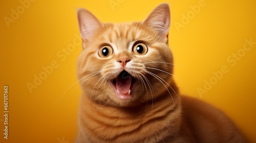 A British Shorthair, the image focuses on its unexpectedly wide-eyed and open-mouthed expression The zesty orange background serves to emphasize the cat's dramatically entertaining facial expression.