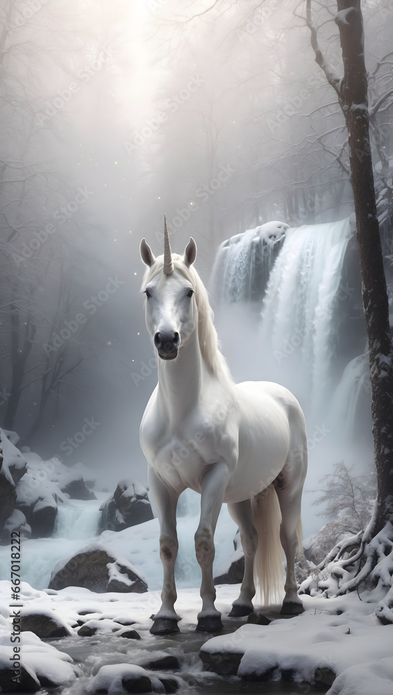 a white slender unicorn stands in the forest