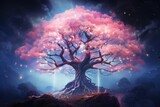 Majestic tree with ethereal blossoms glowing in a heavenly realm.