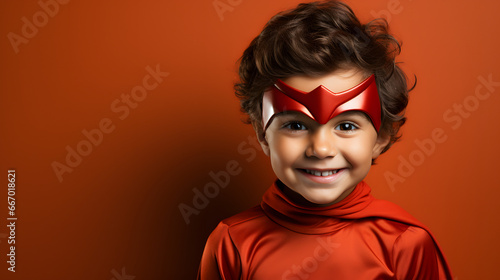 Cute Young Boy Dressed as a Superhero for Halloween on an red Banner with Space for Copy