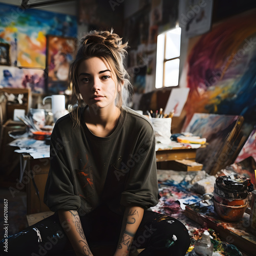 Young teen student artist sitting in a art workshop photo