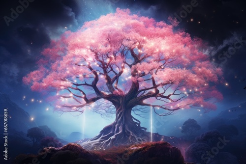 Majestic tree with ethereal blossoms glowing in a heavenly realm.