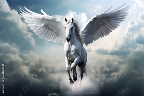 Majestic white stallion with wings soaring through the heavens. © furyon