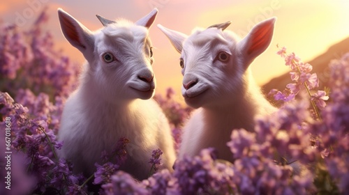 Two animated baby goats cavorting amidst a profusion of lavender blossoms, with their energetic gambols contrasting the tranquil floral setting. photo