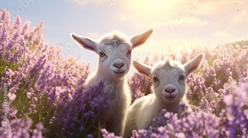 Two animated baby goats cavorting amidst a profusion of lavender blossoms, with their energetic gambols contrasting the tranquil floral setting.