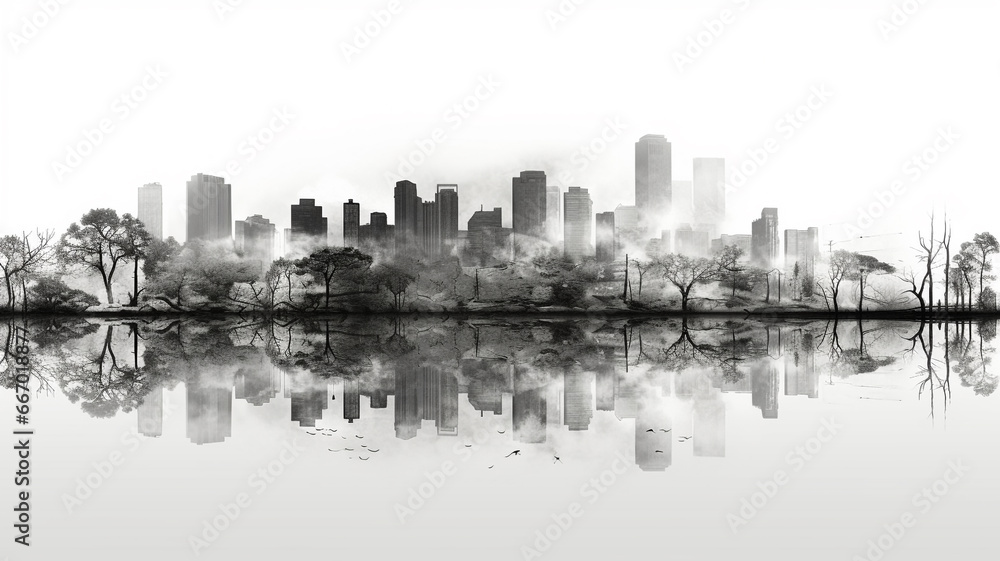 Pencil sketch of a large city surrounded by nature.